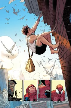 the amazing spider - man is flying through the air in front of some buildings and birds