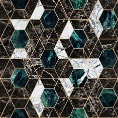 a black and white marble wallpaper with gold geometric shapes in the center, on top of it