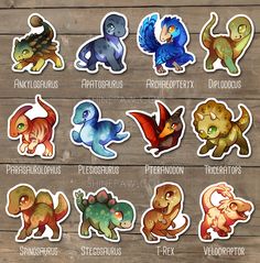 the different types of dinosaurs stickers are shown on a wooden surface with text below them