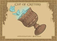 the cup of critters logo with butterflies coming out of it and an ornate border