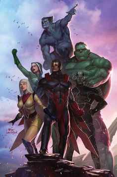 the avengers are standing on top of a hill with their hands up in the air