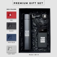 the gift set includes an empty bottle and two lighters, one with a logo on it