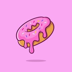 a donut with pink icing and sprinkles on it's side