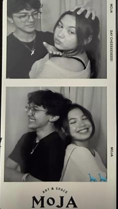 an old photo of two people smiling and posing for the camera with one woman's head in her hair