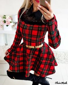 Color: red, Size: XL Red Long Sleeve Mini Dress For Winter, Winter Party Plaid Mini Dress, Casual Plaid Mini Dress For Winter, Plaid Mini Dress For Party, Fitted Plaid Long Sleeve Mini Dress, Red Non-stretch Winter Dress, Red Non-stretch Dress For Fall, Plaid Fitted Long Sleeve Mini Dress, Fitted Plaid Mini Dress With Long Sleeves