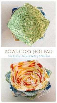 three bowls with different designs on them and the words bowl cozy hot pad written below