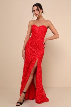 Romantic Beauty Red Floral Embroidered Strapless Maxi Dress Fitted Red Strapless Dress For Gala, Red Fitted Strapless Dress For Gala, Strapless Lace Maxi Dress For Formal Occasions, Fitted Lace Strapless Dress For Gala, Fitted Strapless Lace Dress For Prom Season, Strapless Fitted Dress For Red Carpet, Red Embroidered Dress For Gala, Embroidered Red Gala Dress, Embroidered Lace Prom Dress