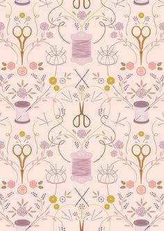 a pink wallpaper with flowers and scissors on it's sides, as well as an image of a pair of scissors