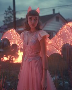 a girl in a pink dress with lights on her wings