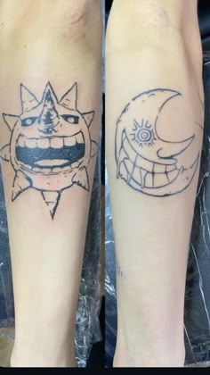 two people with tattoos on their legs, one has a face and the other has a moon