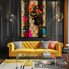 a living room with yellow couches and art work on the wall behind it,