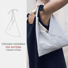 an image of a woman holding a handbag in her right hand and sewing instructions on the left