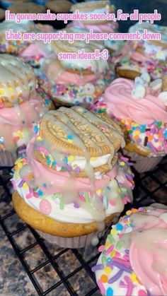 there are many cupcakes with frosting and sprinkles on them