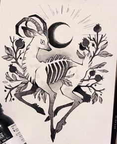 an ink drawing of a ram with flowers in the background and a half moon above it