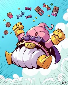 a cartoon character flying through the air with candy and candies in the sky behind him