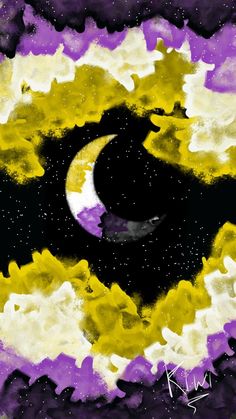 an abstract painting with the moon and stars in purple, white, yellow and black