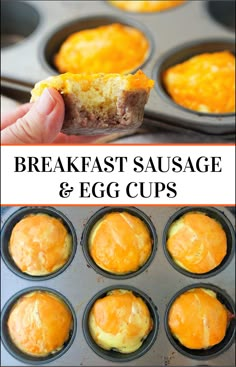 breakfast sausage and egg cups in muffin tins with text overlay that reads, breakfast sausage and egg cups