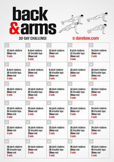 the back and arms 30 - day challenge is shown in red, black and white