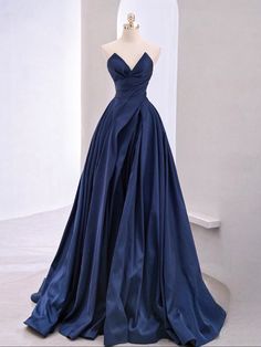 Prom Dresses Navy Blue Long, V Neck Blue Dress, Satin Dark Blue Dress, Navy Blue Dress Elegant, Blue Long Formal Dress, Dark Blue Dresses, Gold Prom Dresses Long, Dress Necklines, Dark Blue Prom Dress