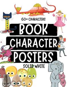 the book character posters for children's books are in front of an elephant, giraffe and other cartoon characters