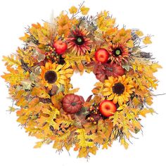 an autumn wreath with sunflowers, apples and leaves