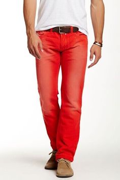 Casual Red Slim Fit Pants, Red Full-length Jeans For Spring, Red Full Length Cotton Jeans, Fitted Mid-rise Red Jeans, Red Fitted Mid-rise Jeans, Red Straight Leg Fitted Bottoms, Red Mid-rise Jeans With Five Pockets, Red Fitted Straight Leg Bottoms, Red Mid-rise Jeans