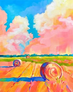 an oil painting of hay bales in a field under a cloudy sky with pink clouds