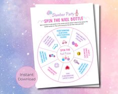 a spin the nail bottle game on a pink and blue background with text that reads, summer party spin the nail bottle