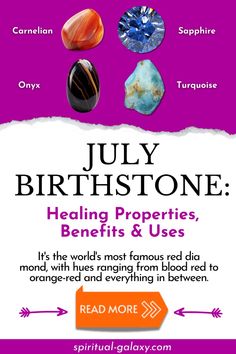 July's birthstone represents knowledge, health, and love. Wearing a stunning piece of Ruby, Carnelian, Sapphire, Onyx, and Turquoise brings you good luck. People Born In July, Ruby Meaning, Aries Birthstone, Manifesting Prosperity, Born In July, Mental Healing, July Born, Spiritual Advisor, 28th Birthday