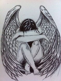 a drawing of an angel sitting on the ground with her hands behind her back and wings spread