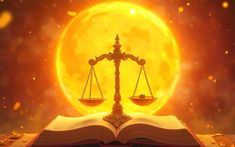 an open book sitting on top of a wooden table next to a scale of justice