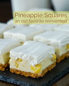 some kind of dessert that is on a plate with the words pineapple squares an old favorite reinivered