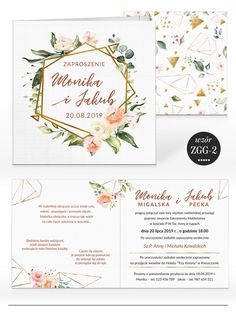 an elegant wedding card with flowers and geometric shapes