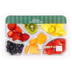 a plastic tray filled with different types of fruit