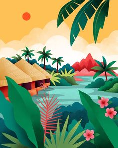 a tropical landscape with palm trees, flowers and houses in the distance is featured on an orange background