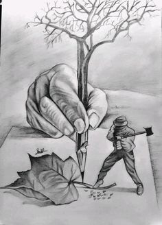 a pencil drawing of a person holding a pen with a tree and leaves in the background