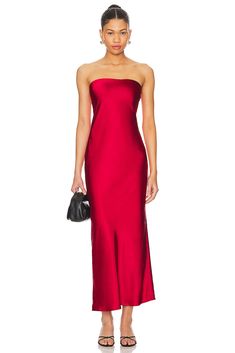 Self: 97% polyester 3% spandex, Lining: 100% polyester.  Made in China.  Hand wash.  Fully lined.  Hidden back zipper closure.  Satin finish.  .  Neckline to hem measures approx 47" in length.  .  .  .  .  .  .  .  . Lined Maxi Dress With Straight Neckline For Night Out, Strapless Fitted Lined Maxi Dress, Fitted Strapless Lined Maxi Dress, Fitted Strapless Dress With Back Zipper For Formal Occasions, Formal Fitted Strapless Dress With Back Zipper, Fitted Satin Maxi Dress With Back Zipper, Silk Fitted Strapless Dress With Straight Neckline, Red Wedding Guest Dresses, Winter Wedding Guest Dress