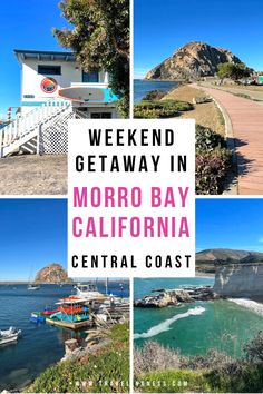 Two different views of Morro Rock, gorgeous coastline and bluffs of Montana de Oro and a kayak shop in Morro Bay, California. Morrow Bay California, Morro Bay California Things To Do, Best California Beaches, Atascadero California, Weekend Getaway California, Traveling America, Retirement Activities, Pacific Coast Highway Road Trip