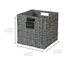 a large grey wicker basket with a label on the side and measurements for it