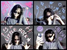 four different pictures of a person holding a cell phone and wearing sunglasses with the words little rock written on them