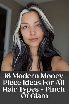 Woman with black and white hair highlights, smiling. Text overlay: "16 Modern Money Piece Ideas For All Hair Types - Pinch Of Glam". Money Piece Wedding Hair, Low Light Money Piece, Updo With Money Piece, Dark Brown Hair Grey Money Pieces, Black With White Money Piece, Colored Money Piece Hair Brunette, Money Piece Layered Hair, Dark Hair With Gray Money Piece, Money Piece Color Ideas