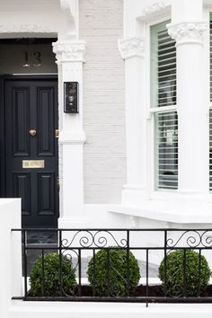 a black front door and window on a white house with two bushes in the foreground