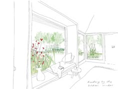 a drawing of a living room with flowers on the window sill and a bench