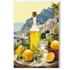 a painting of lemons on a table next to a bottle of oil and two glasses