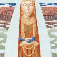 a painting of a woman holding a blue bird