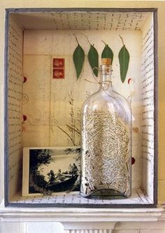 an empty bottle sitting on top of a shelf next to a box with leaves in it