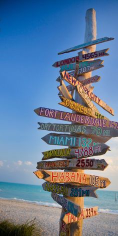 a wooden sign post on the beach pointing in different directions to various locations and destinations