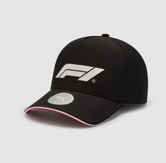 a black cap with white and red detailing on the front, featuring a racing symbol