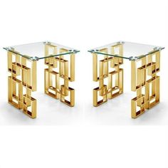 two tables with glass top and gold metal frames on each side, one in the shape of an interlocking cube