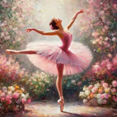 a painting of a ballerina dancer in pink tutu and white dress with flowers around her